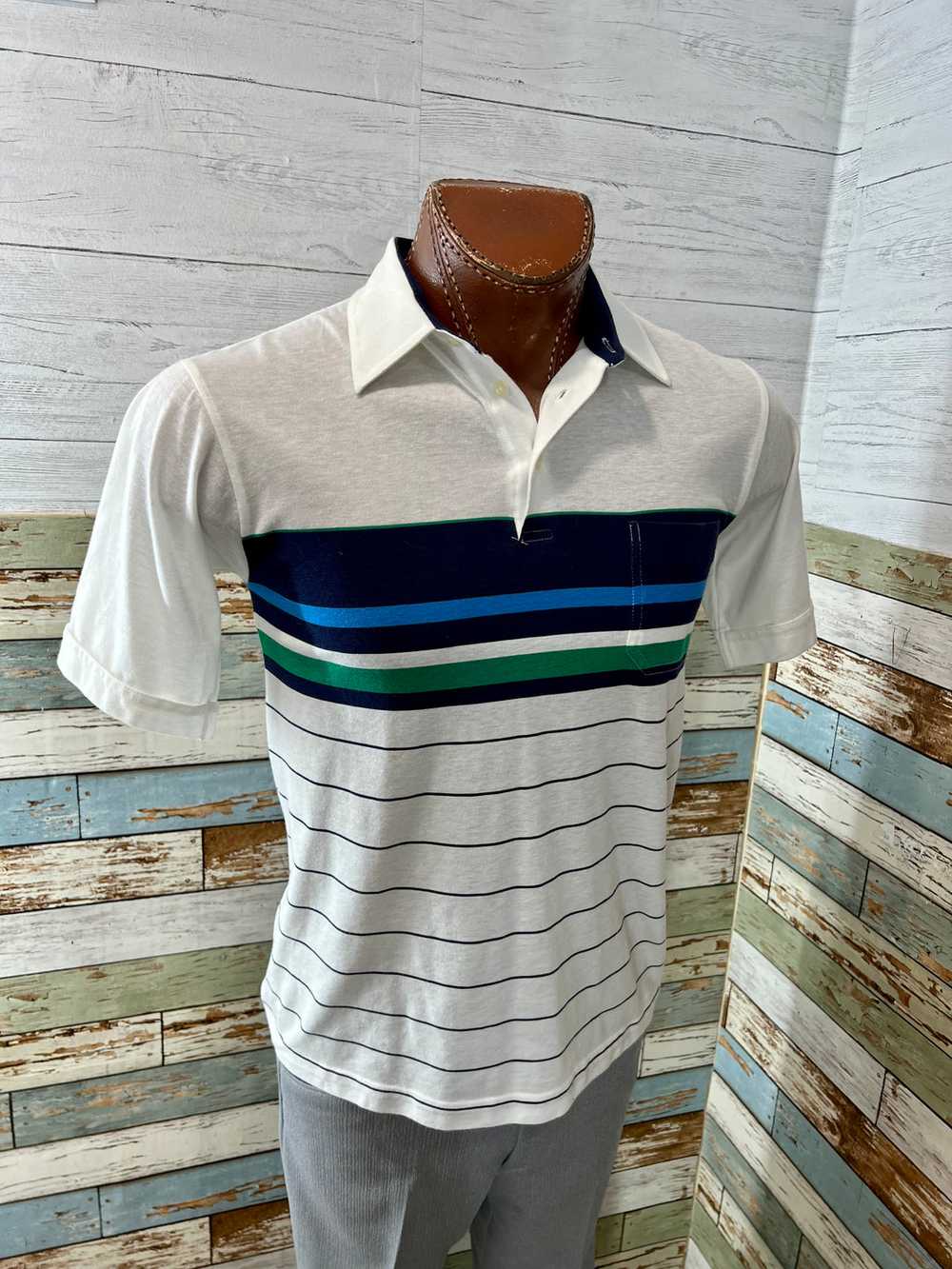 80’s Off White Blue Stripes Pattern Polo Shirt By… - image 6