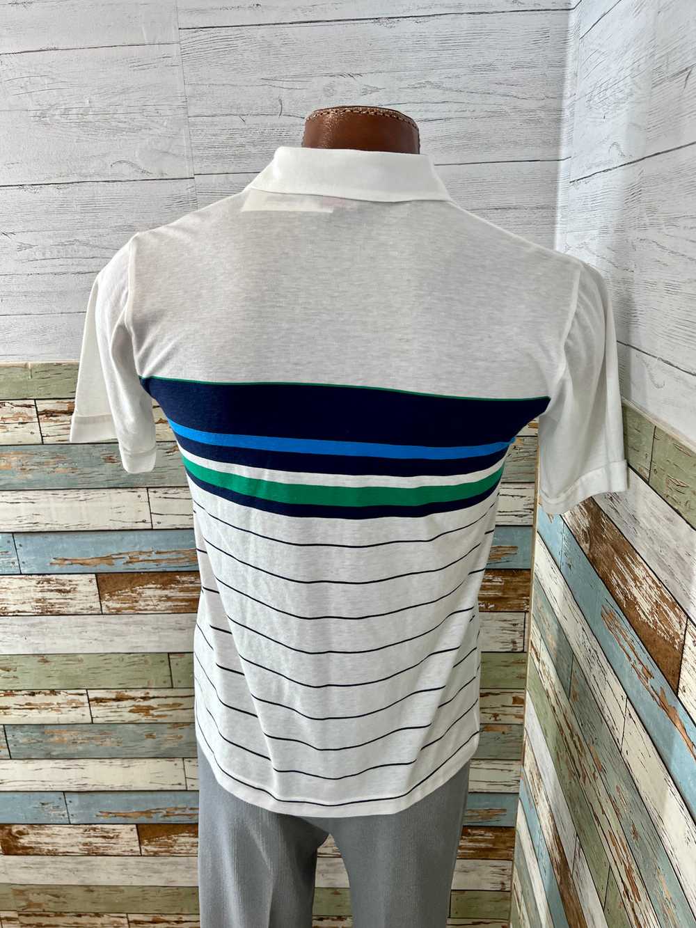 80’s Off White Blue Stripes Pattern Polo Shirt By… - image 7