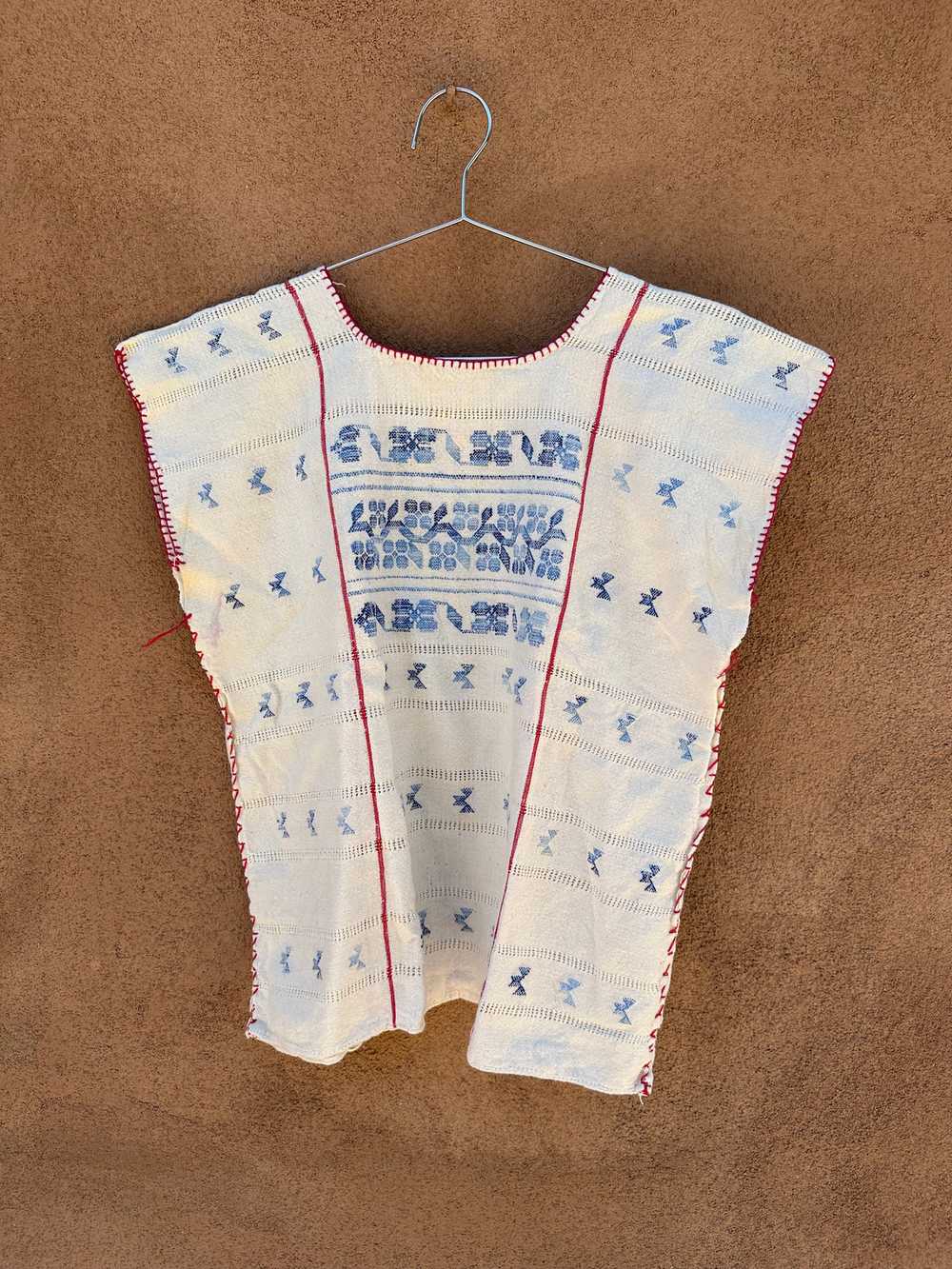 1970's Mexican Camisa with Blue/Red Embroidery - image 1