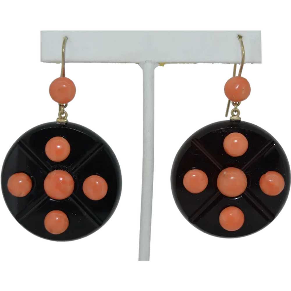 Stunning Art Deco Gold Coral and Jet Earrings - image 1