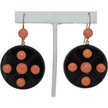 Stunning Art Deco Gold Coral and Jet Earrings - image 1