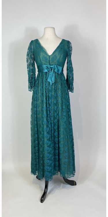 1970s Molly Parnis Green Lace Gown