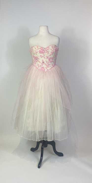 1950s Cream and Pink Glitter and Pearl Tulle Strap