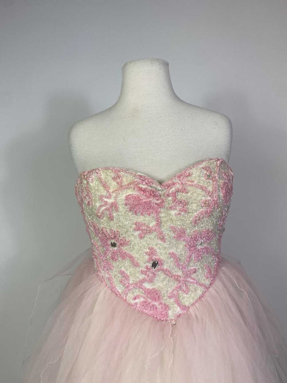 1950s Cream and Pink Glitter and Pearl Tulle Stra… - image 2