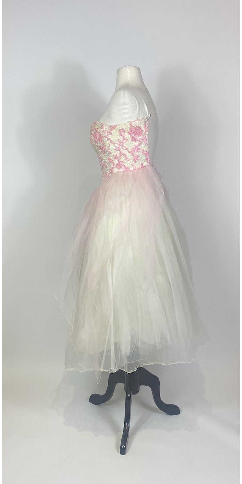 1950s Cream and Pink Glitter and Pearl Tulle Stra… - image 7