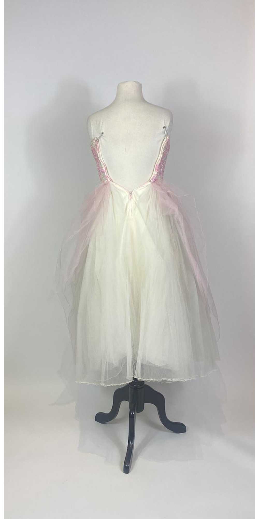 1950s Cream and Pink Glitter and Pearl Tulle Stra… - image 8