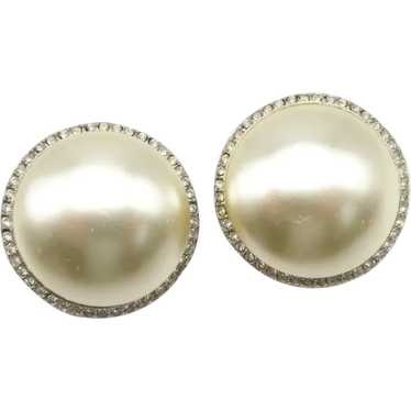 Vintage Richelieu Faux Pearl & Pave Rhinestones Silver Tone Clip-On Earrings