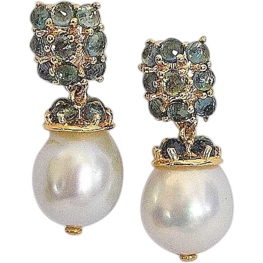 Montana Sapphire White South Sea Pearl Gold Earri… - image 1