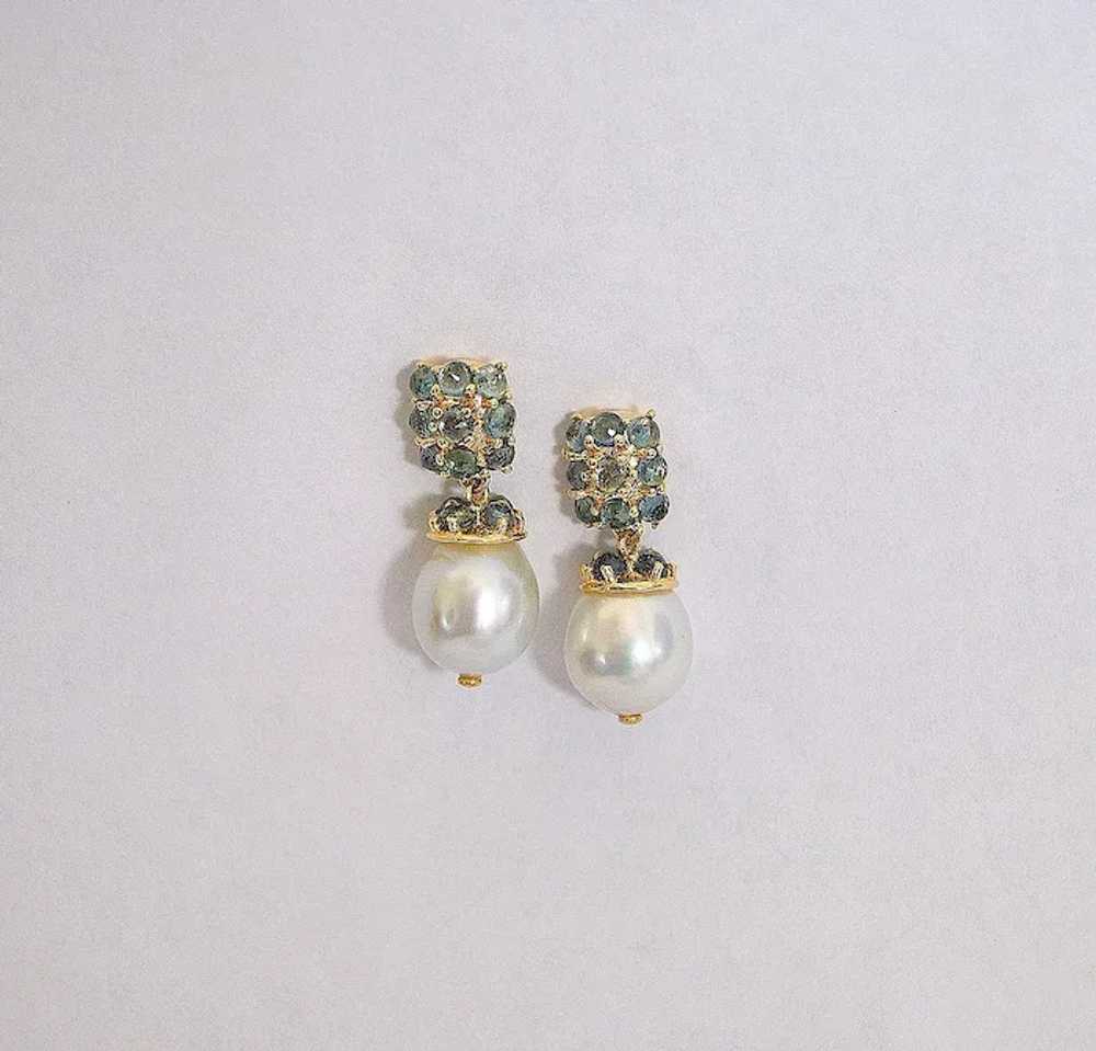 Montana Sapphire White South Sea Pearl Gold Earri… - image 4