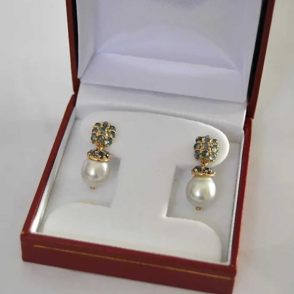 Montana Sapphire White South Sea Pearl Gold Earri… - image 5