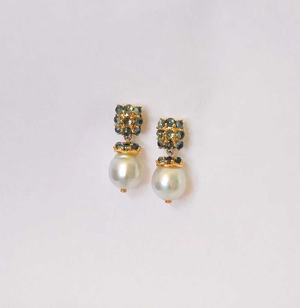 Montana Sapphire White South Sea Pearl Gold Earri… - image 8