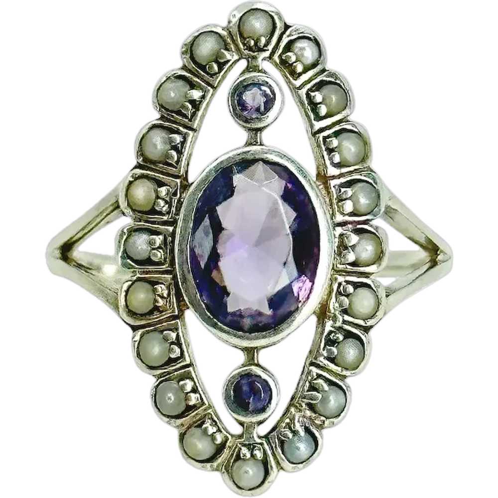 Navette Amethyst Antique Seed Pearl Halo Style Sp… - image 1