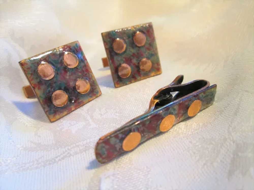 Matisse Teal and Red Enamel Copper Cufflinks and … - image 2