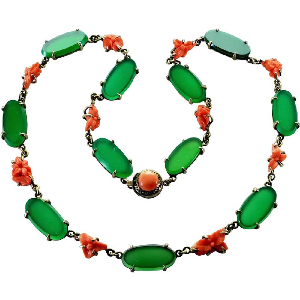 Antique Art Deco Chrysoprase Coral Sterling Neckl… - image 1