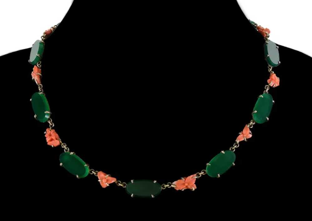 Antique Art Deco Chrysoprase Coral Sterling Neckl… - image 2