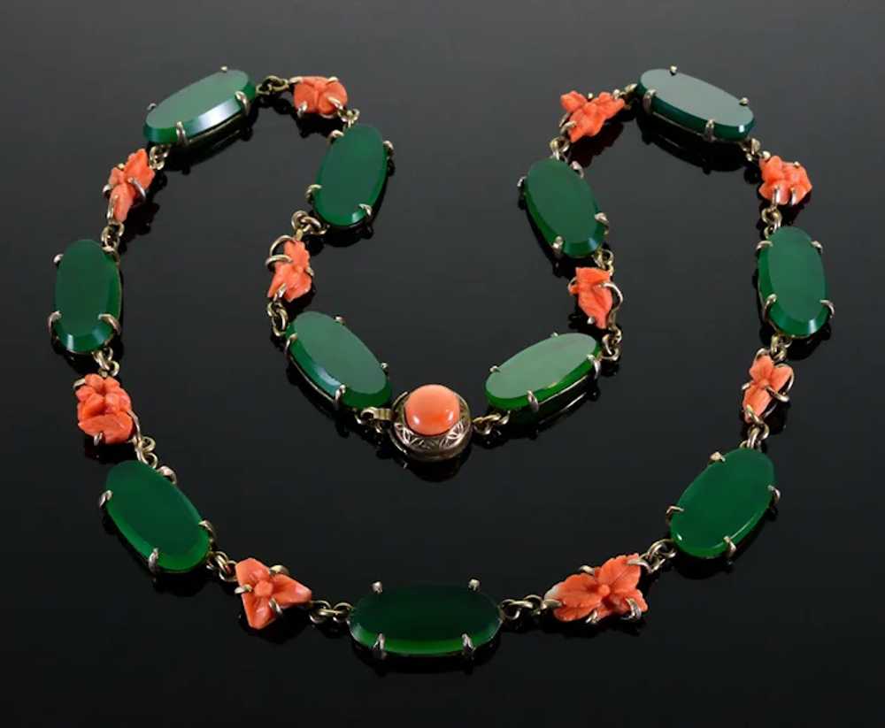 Antique Art Deco Chrysoprase Coral Sterling Neckl… - image 3