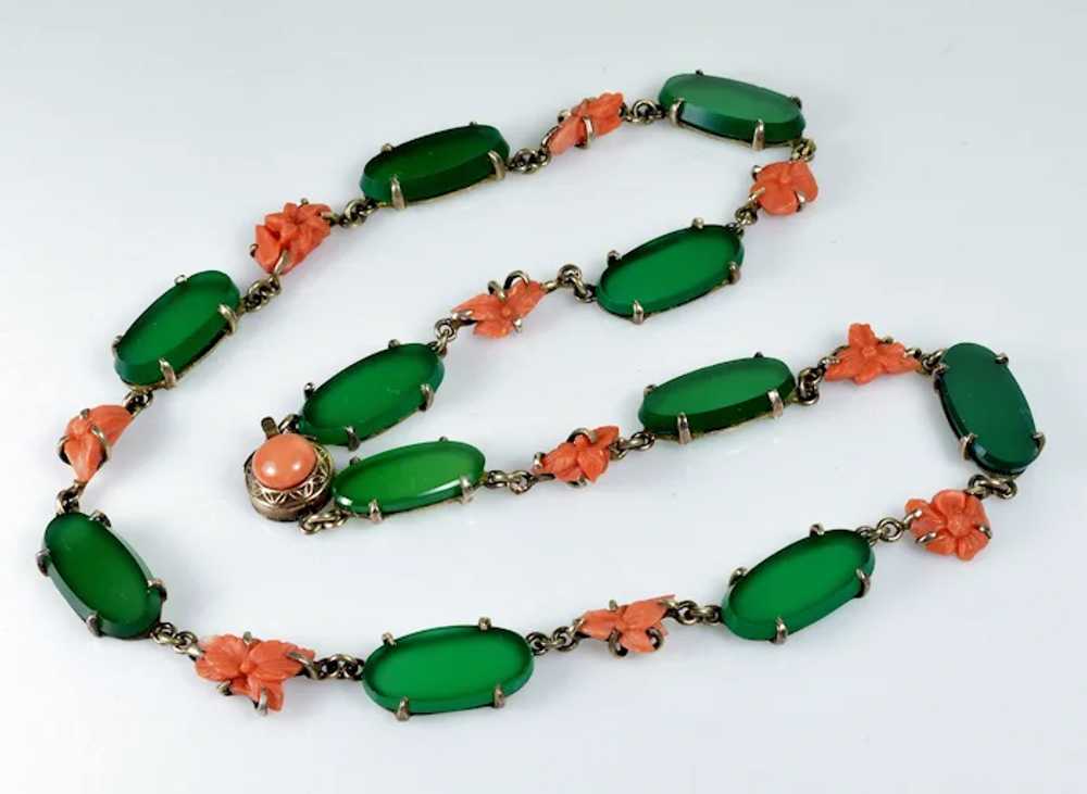 Antique Art Deco Chrysoprase Coral Sterling Neckl… - image 4