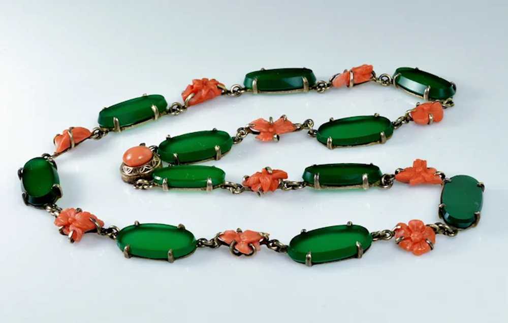 Antique Art Deco Chrysoprase Coral Sterling Neckl… - image 5