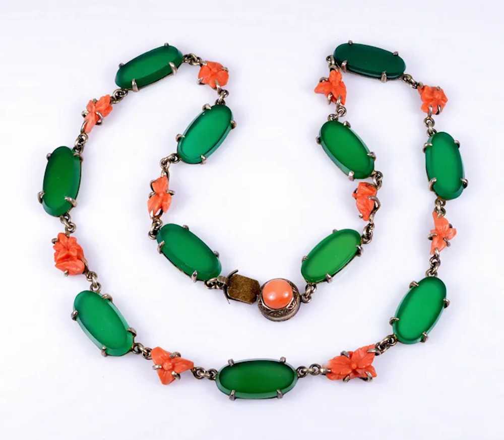 Antique Art Deco Chrysoprase Coral Sterling Neckl… - image 6