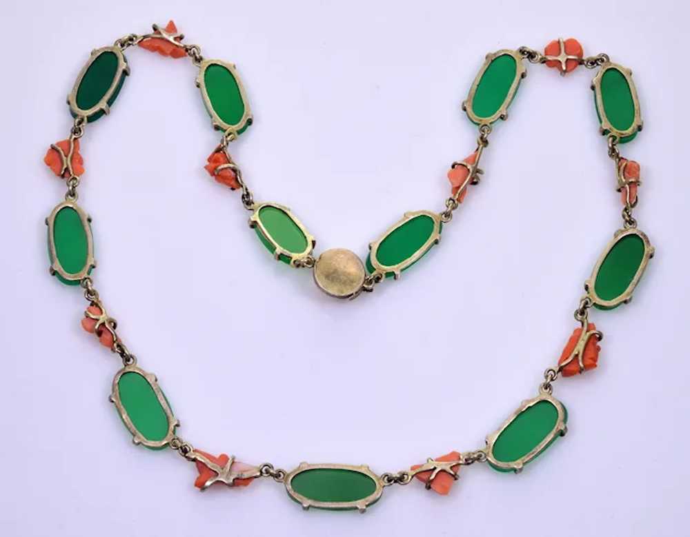 Antique Art Deco Chrysoprase Coral Sterling Neckl… - image 7