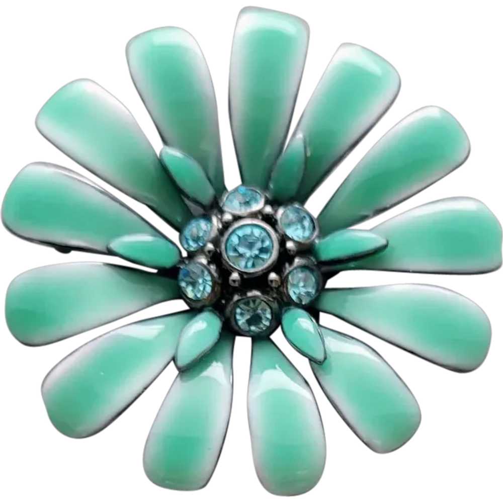 Gorgeous Enamel Flower Brooch with Teal Rhineston… - image 1