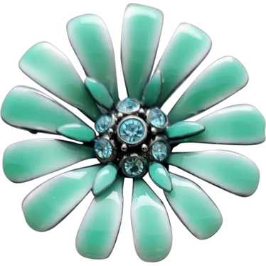 Gorgeous Enamel Flower Brooch with Teal Rhineston… - image 1