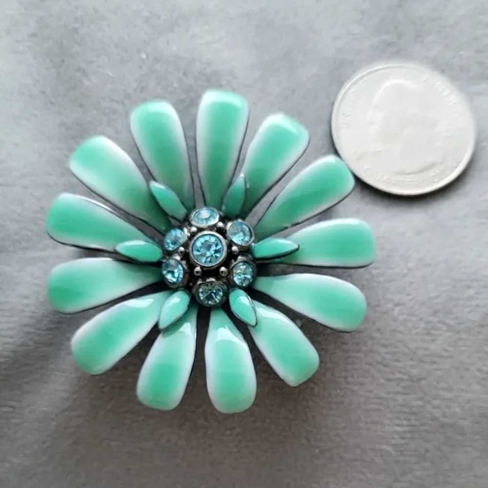 Gorgeous Enamel Flower Brooch with Teal Rhineston… - image 2