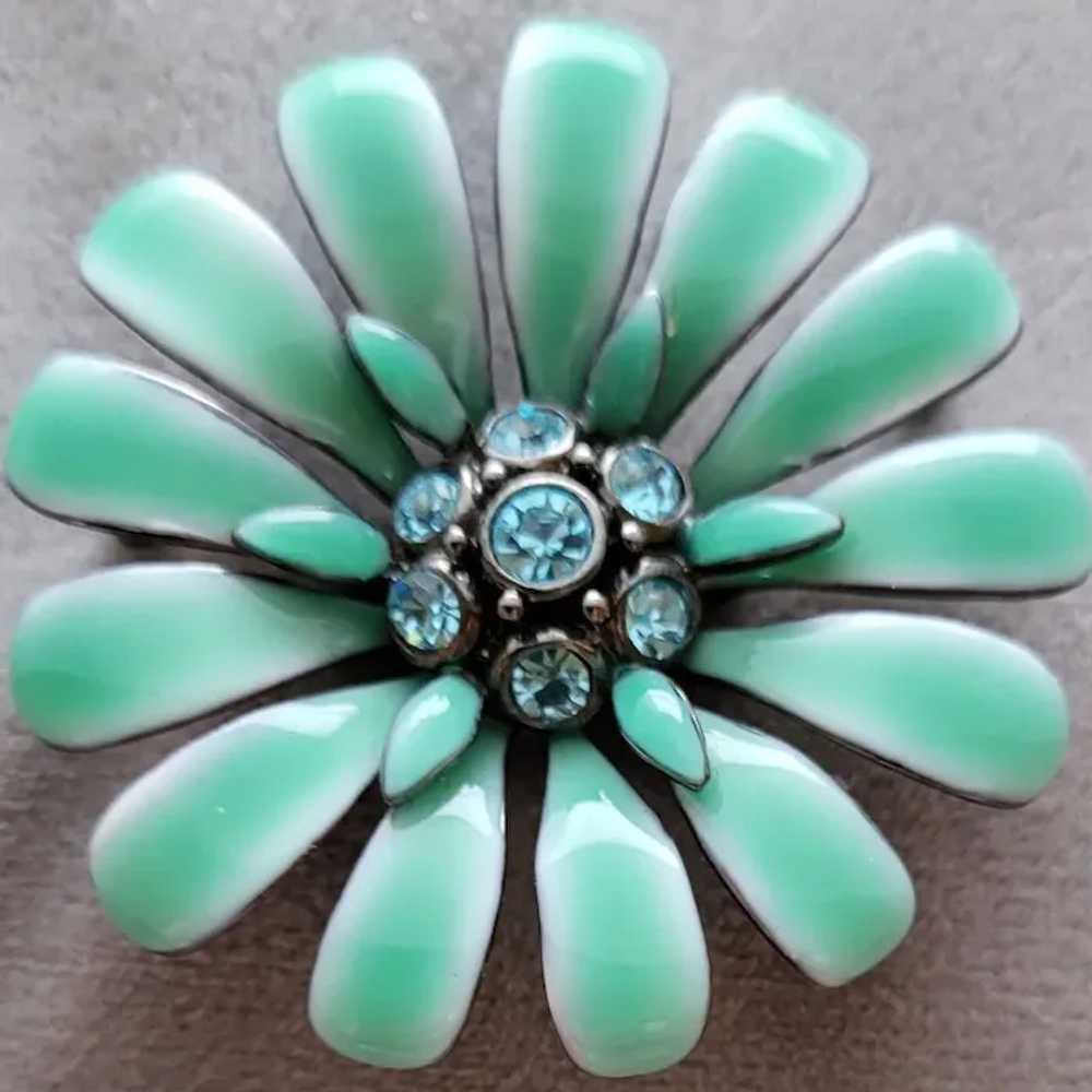 Gorgeous Enamel Flower Brooch with Teal Rhineston… - image 3