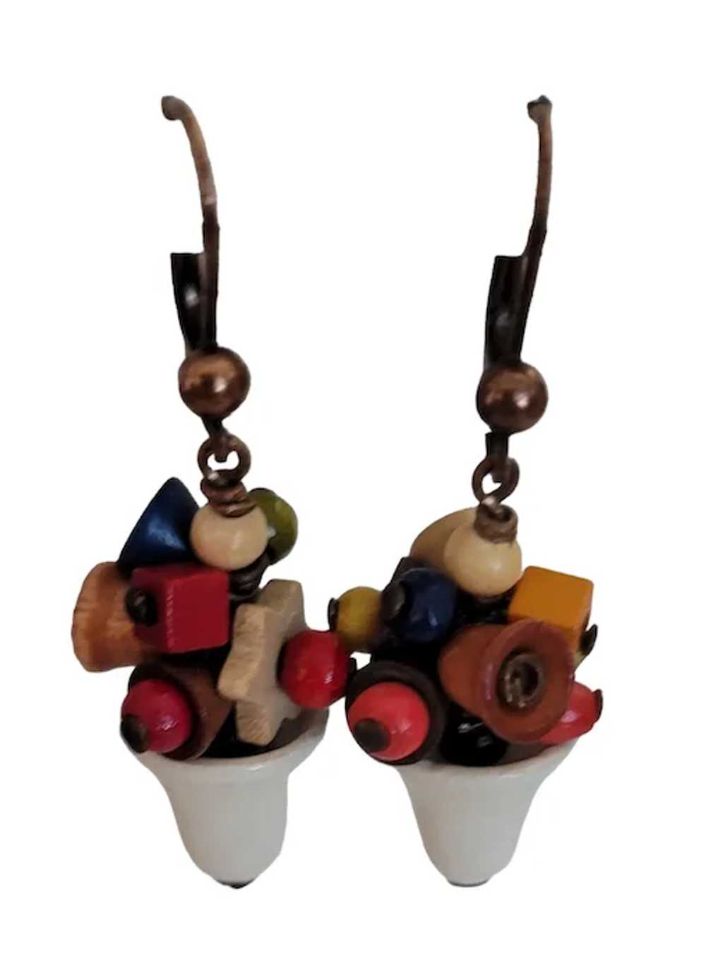 Czech Colorful Wood Beads, White Bell Lever Back … - image 2