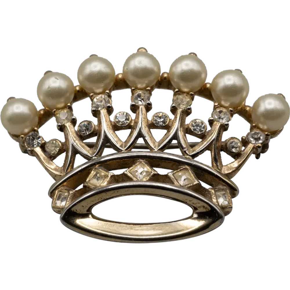 Trifari Vintage Royal Crown Faux  Pearl and Clear… - image 1