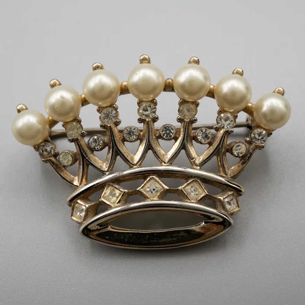 Trifari Vintage Royal Crown Faux  Pearl and Clear… - image 3