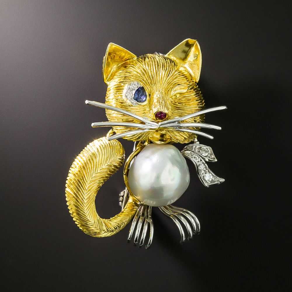 Italian Pearl and Multi-Gem Cat Brooch - image 1