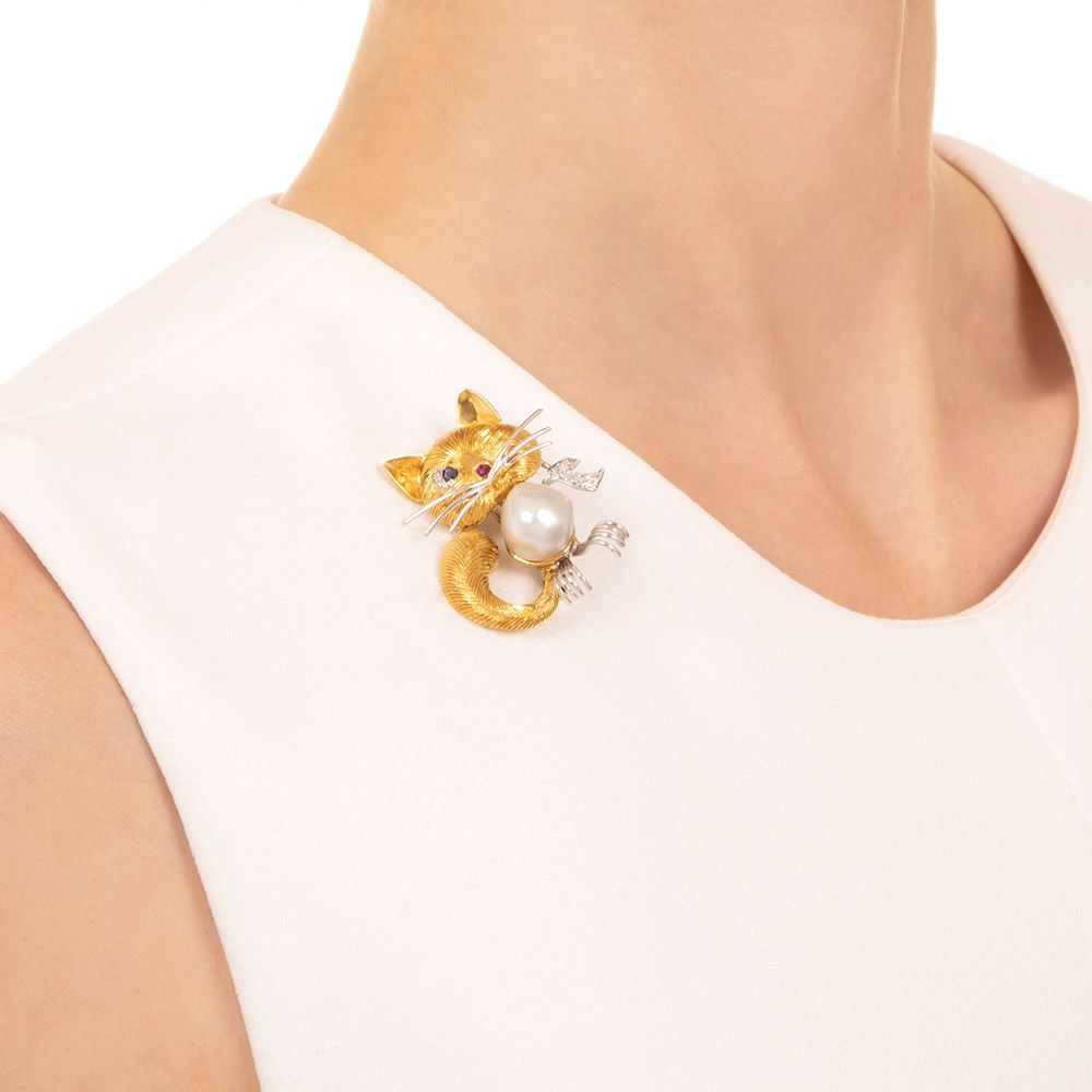 Italian Pearl and Multi-Gem Cat Brooch - image 3