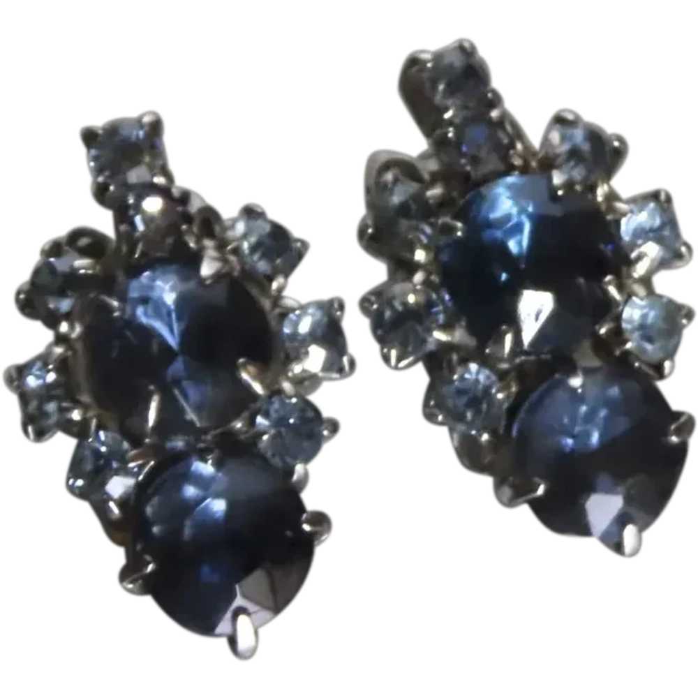 Pair of Vintage Rhinestone Clip Earrings Blue - image 1