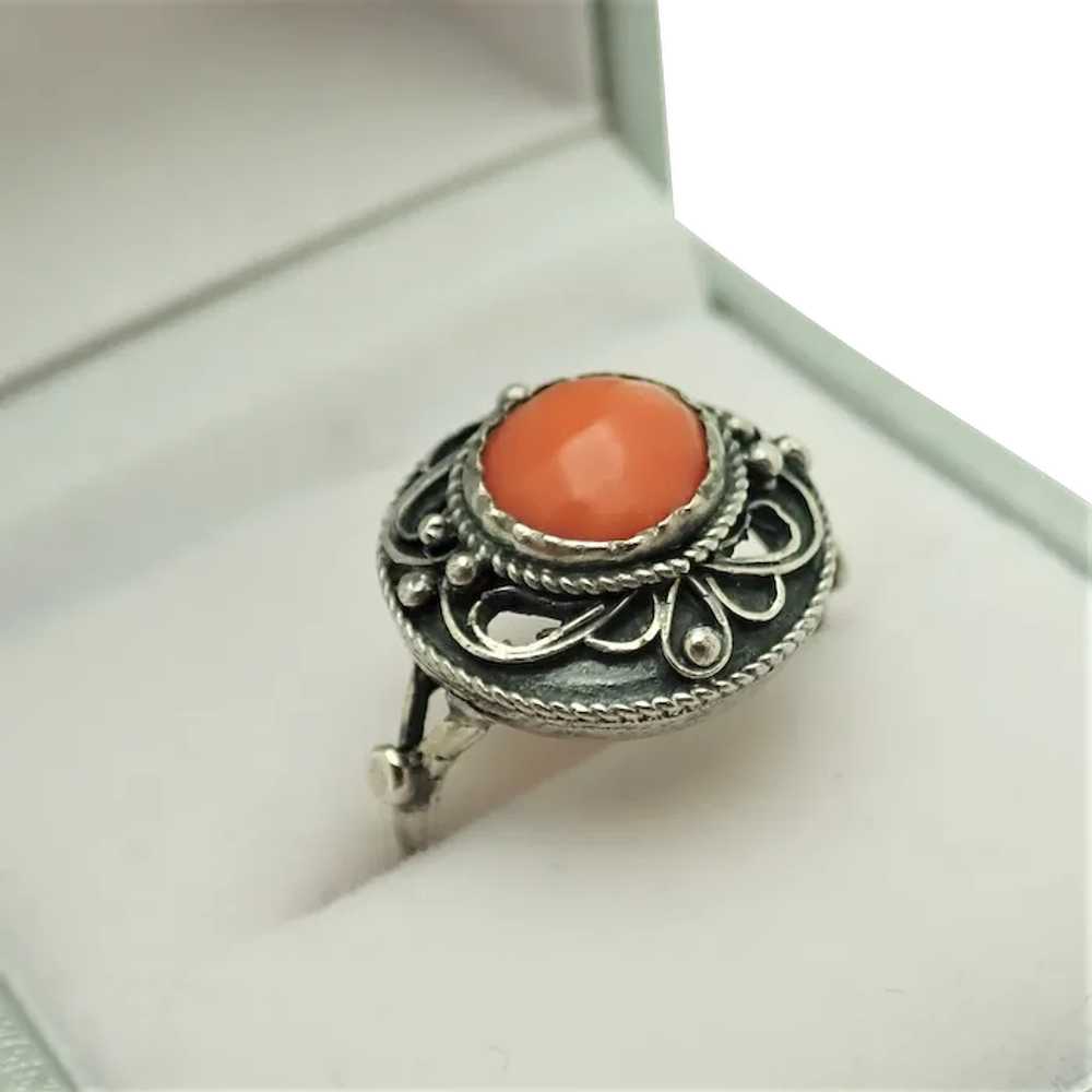 French Antique Colonial Silver and Coral Ring - S… - image 1