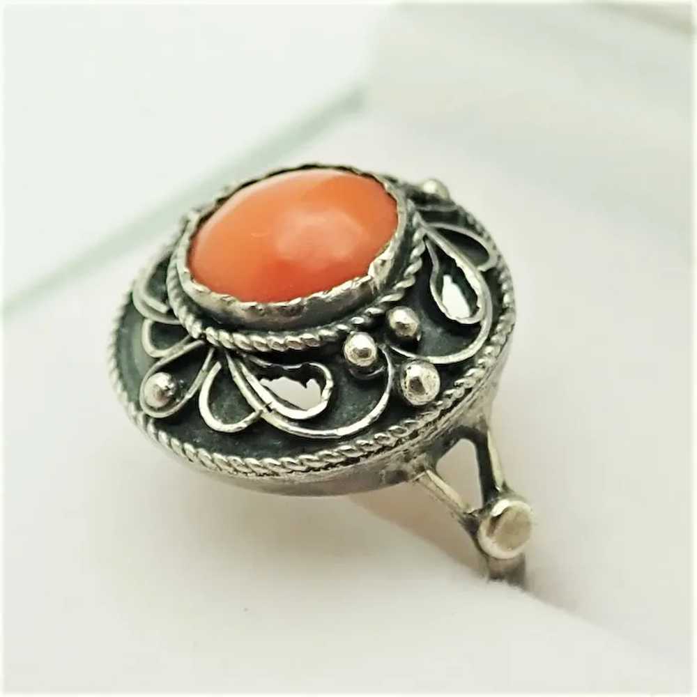 French Antique Colonial Silver and Coral Ring - S… - image 2