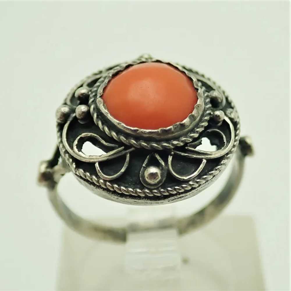 French Antique Colonial Silver and Coral Ring - S… - image 3