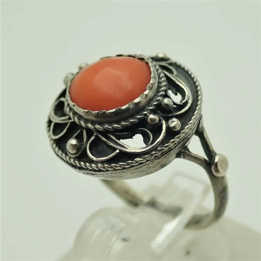 French Antique Colonial Silver and Coral Ring - S… - image 4