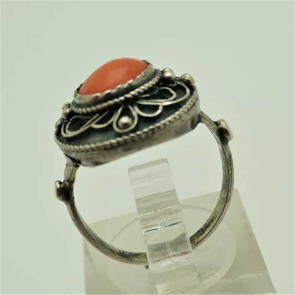 French Antique Colonial Silver and Coral Ring - S… - image 5