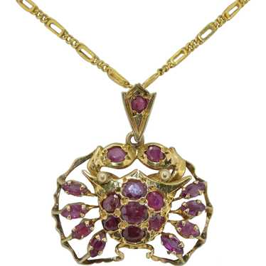 Antique 14K Yellow Gold and Ruby Crab Pendant - image 1