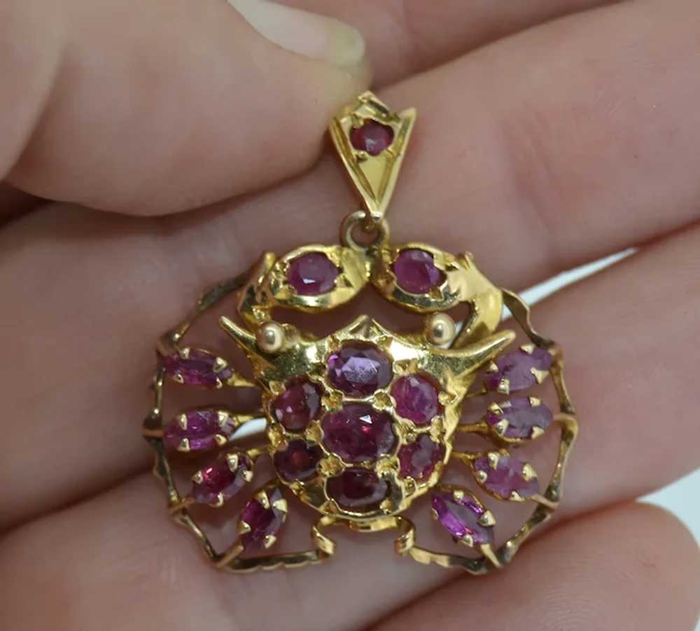 Antique 14K Yellow Gold and Ruby Crab Pendant - image 3