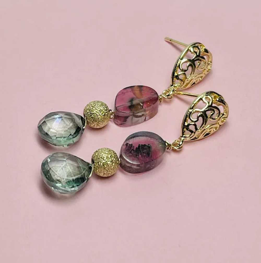 Tourmaline Green Topaz Earrings, bi-color Waterme… - image 3