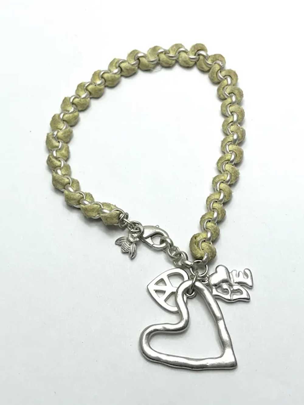 Vintage Silver Heart Peace Love Charm Bracelet - image 2
