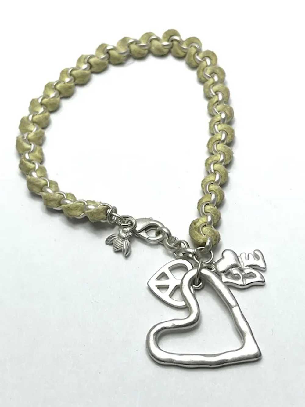 Vintage Silver Heart Peace Love Charm Bracelet - image 3