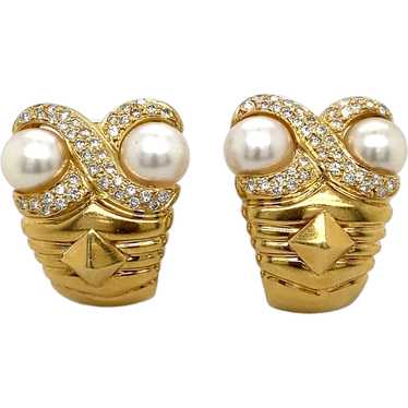 18K Yellow Gold Pearl and Diamond Earring - image 1