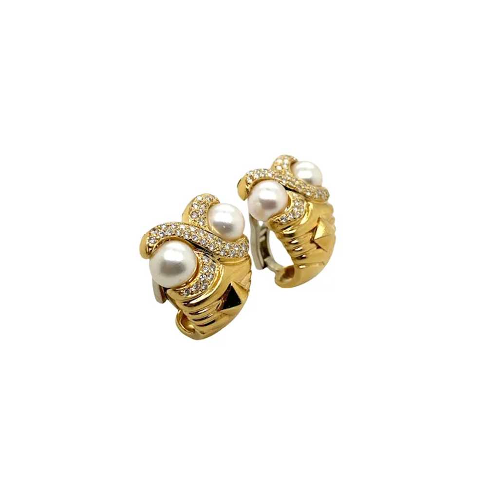 18K Yellow Gold Pearl and Diamond Earring - image 3