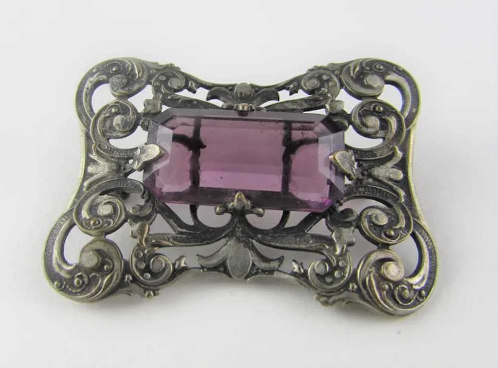 Victorian Silver Tone Brooch With Rich Purple Cry… - image 10