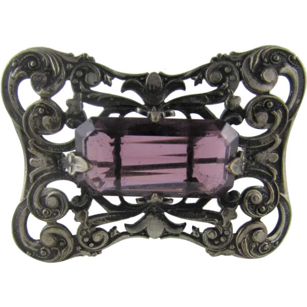 Victorian Silver Tone Brooch With Rich Purple Cry… - image 1