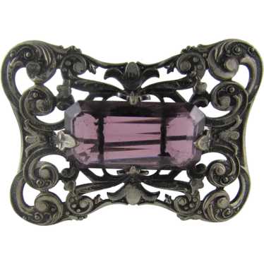 Victorian Silver Tone Brooch With Rich Purple Cry… - image 1