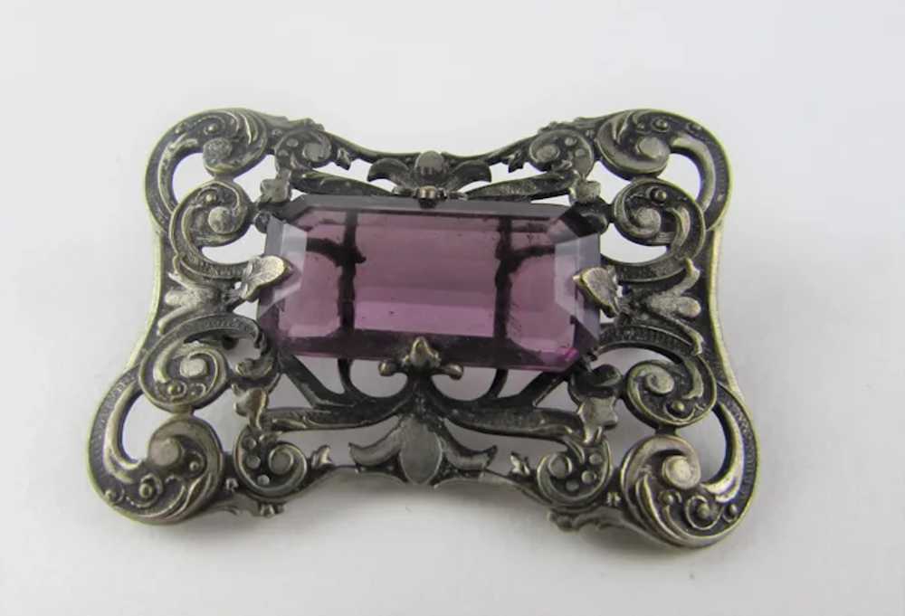 Victorian Silver Tone Brooch With Rich Purple Cry… - image 2